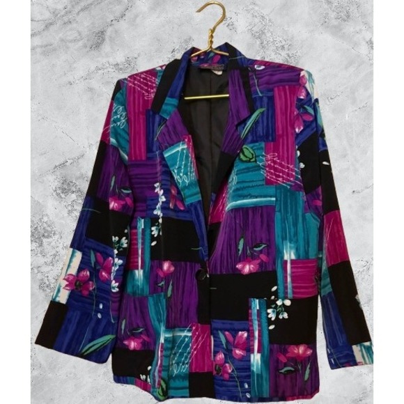 Willow Ridge Jackets & Blazers - Willow Ridge Vintage Abstract Floral Patchwork Blazer Purple Teal L 80s 90s